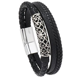 Men's Fashion Multi-layer Hand-woven Artificial Leather Bracelet With Alloy Magnetic Clasp Hollowed Pattern Vintage Punk Jewelry