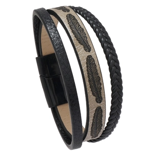 Handmade multilayer leather bracelet with feather print and magnetic clasp