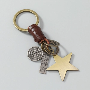 Detail of vintage star keychain with leather wrap and engraved bronze metal plate