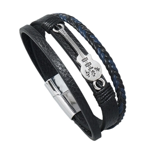 Bracelet punk homme en cuir tressé noir et bleu avec pendentif guitare argent