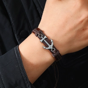 Vintage nautical anchor bracelet in brown leather with handcrafted woven details for men