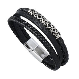 Men's multilayer black braided leather bracelet with silver magnetic clasp and metal accents
