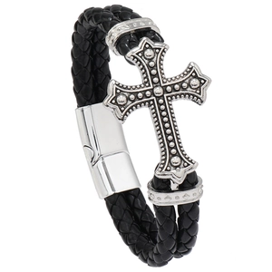 Vintage Punk Alloy Cross Braided Artificial Leather Bracelet For Men Women Magnetic Clasp Retro Gothic Unisex Hand Jewelry