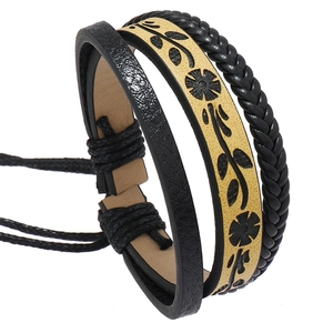 Bracciale etnico retrò a tre strati con goffratura floreale e cordino intrecciato