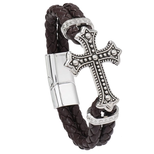 Men's leather braided bracelet with cross pendant and magnetic clasp on white background