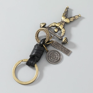 Retro bronze weightlifting keychain with braided cord and engraved pendant for bags