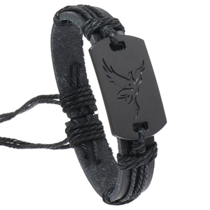 Men's punk braided black leather bracelet with adjustable pull and engraved bird motif