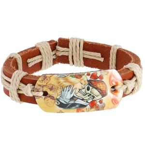 Adjustable brown leather bracelet with handwoven hemp rope and retro skull tattoo motif