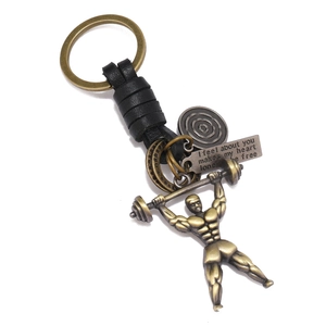 Retro Gym Weightlifting Muscle Man Keychain Alloy Leather Braided Pendant Inspirational Tag Bag Accessories Gift Men