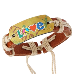 Handmade woven leather bracelet featuring a vintage Love pattern with peace sign symbol