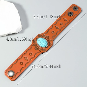 Bohemian orange leather bracelet with vintage embossing and blue turquoise stone inlay