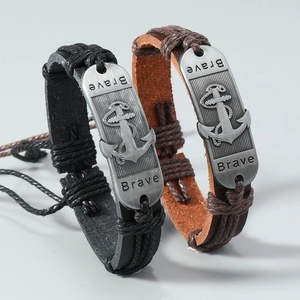 Nautical leather bracelets with anchor alloy plate and Brave engraving in black and brown