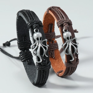 Set of two leather bracelets with vintage silver octopus charms in black and brown