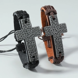 Vintage braided leather bracelets set featuring bold metal cross charms for men