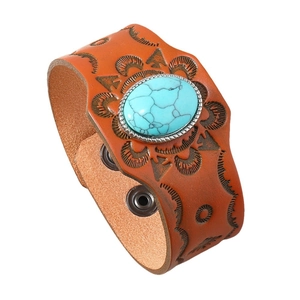 Bohemian vintage brown leather cuff bracelet with turquoise stone and embossed patterns