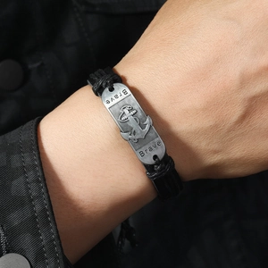 Mens vintage leather braided bracelet with silver anchor plate and Brave engraving
