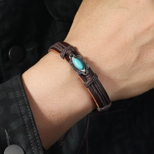 Bracelet rétro en cuir tressé fait main avec pierre turquoise et style punk bohème