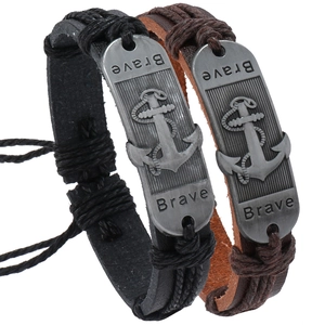 Vintage Anchor Artificial Leather Woven Bracelet For Men Women Handmade Brave Metal Plaque Nautical Jewelry Adjustable Gift