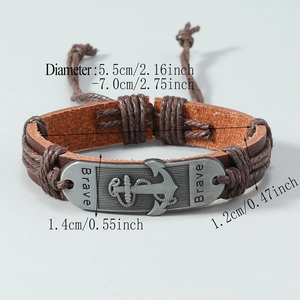 Handmade leather anchor bracelet with Brave engraving and adjustable nautical cord