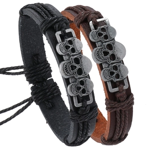 Pulsera de Cuero Artificial Trenzado Retro Punk para Hombre Con Calavereas de Aleación Joyería Gótica Halloween Hecha a Mano Ajustable