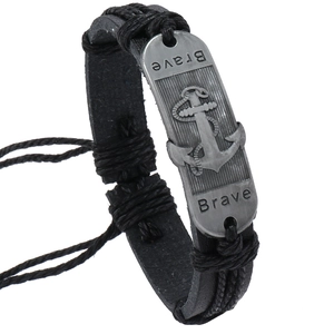 Handmade woven leather anchor bracelet for men featuring Brave engraved metal plate