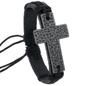 Retro Men Synthetic Leather Woven Bracelet Alloy Cross Decorative Charm Punk Style Adjustable Unisex Wristband Fashion Jewelry