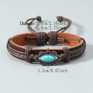 Bracelet en cuir marron rétro avec incrustation turquoise et cordon réglable