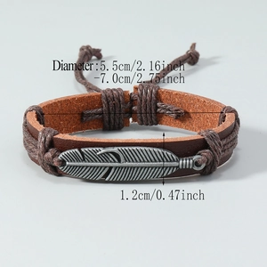 Bracelet en cuir fait main avec plume argentée vintage et cordon tressé réglable