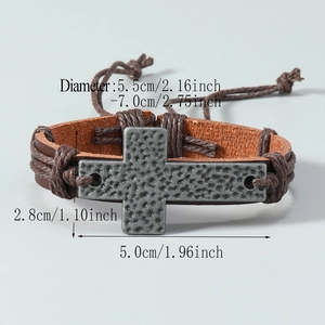 Handmade vintage brown leather bracelet with a textured metal cross for men