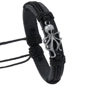 Punk vintage men's woven leather bracelet featuring a silver octopus metal charm