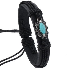 Bracelet bohème en cuir tressé avec pierre turquoise et cordon ajustable réglable