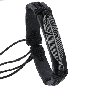 Bracelet en cuir tressé avec pendentif plume en argent vintage pour hommes et femmes