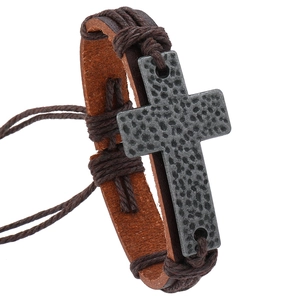 Handcrafted brown leather bracelet featuring a silver hammered metal cross for men
