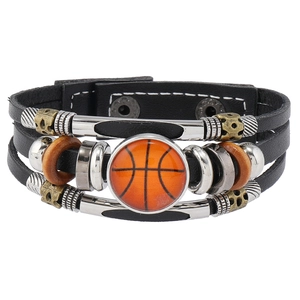 Pulsera de baloncesto de cuero multicapa con cuentas vintage y toques de acero