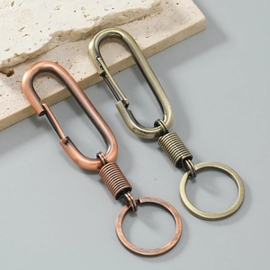 Retro spring-loaded metal car keychain in antique brass and copper finish for men