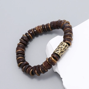 Retro handmade coconut shell beaded bracelet with vintage brass metal spacer beads
