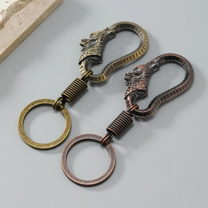 Vintage dragon-shaped alloy car keychain set in antique gold and copper finishes