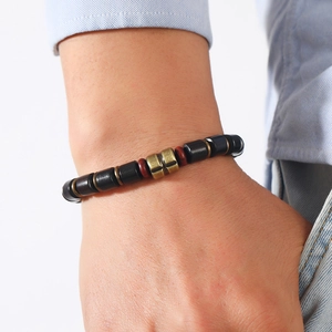Handmade men's retro black wood bead bracelet with vintage bronze H-shaped metal piece