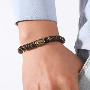 Retro handmade coconut shell beaded bracelet with bronze textured barrel bead for men
