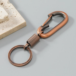 Punk style retro alloy keychain with D-ring buckle and spring detail for men
