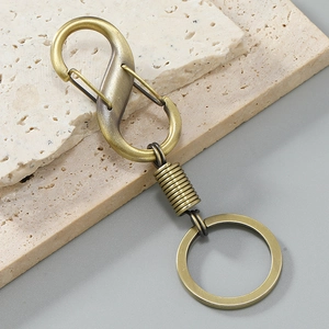 Retro brass S-shaped carabiner keychain with metal coil and flat ring for car keys