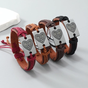 Lot de bracelets en cuir tressé avec plaques en métal coeur paix en plusieurs couleurs