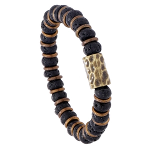 Handmade lava rock beaded bracelet with antique bronze metal accents on white background