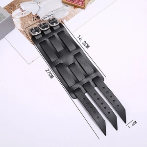 Bracelet punk en cuir noir à double couche avec boucles métalliques argentées