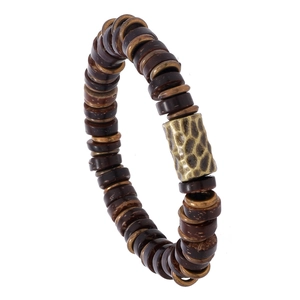 Handmade elastic coconut shell beaded bracelet with vintage hammered metal accents