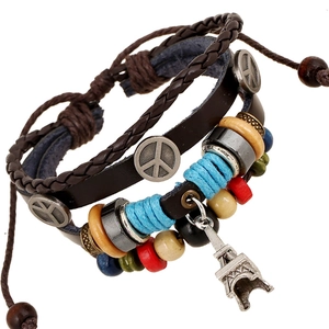Multilayer leather bracelet with wood beads, Eiffel Tower charm and peace symbols