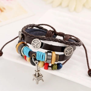 Bohemian multi-layer leather bracelet with wooden beads and Eiffel Tower charm
