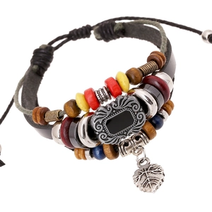 Vintage Punk Multilayer Leather Beaded Bracelet Handmade Ethnic Leaf Pendant Adjustable Braided Wrap Jewelry For Unisex