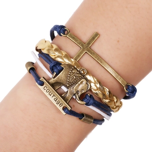 Bracelet Tressé Multi-couches Vintage Rétro Alliage Éléphant Croix Plaque Courage Pendentifs Bohème Bracelet Tissé à la Main Unisexe Bijoux