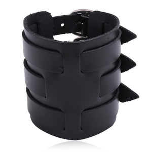Bracelet en Cuir Large Punk pour Hommes Gothic Rock Trois Boucles Bracelet Réglable Noir en Cuir de Vachette Sangle Bijoux de Mode Accessoire de Discothèque